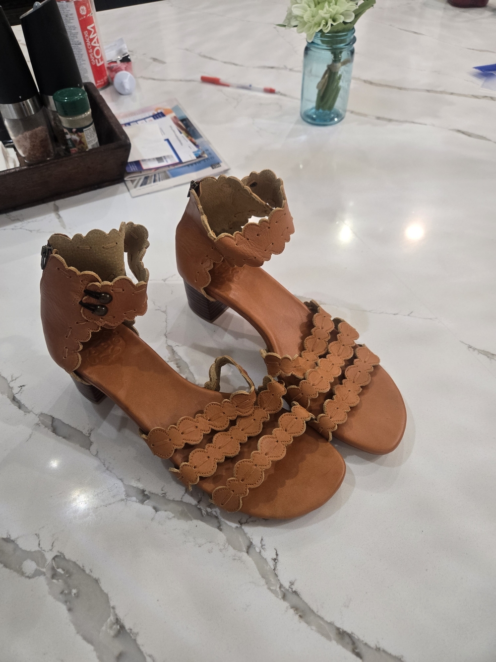 ELF Tan Scalloped Ankle Strap Block Heel Sandals